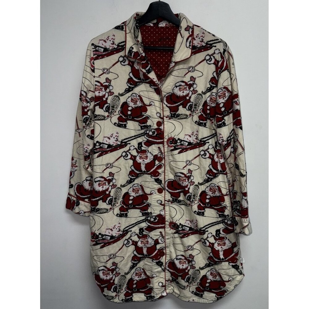 Nick & Nora Flannel Sleep Shirt Womens Medium Santa Skiing Nightgown Sleepwear